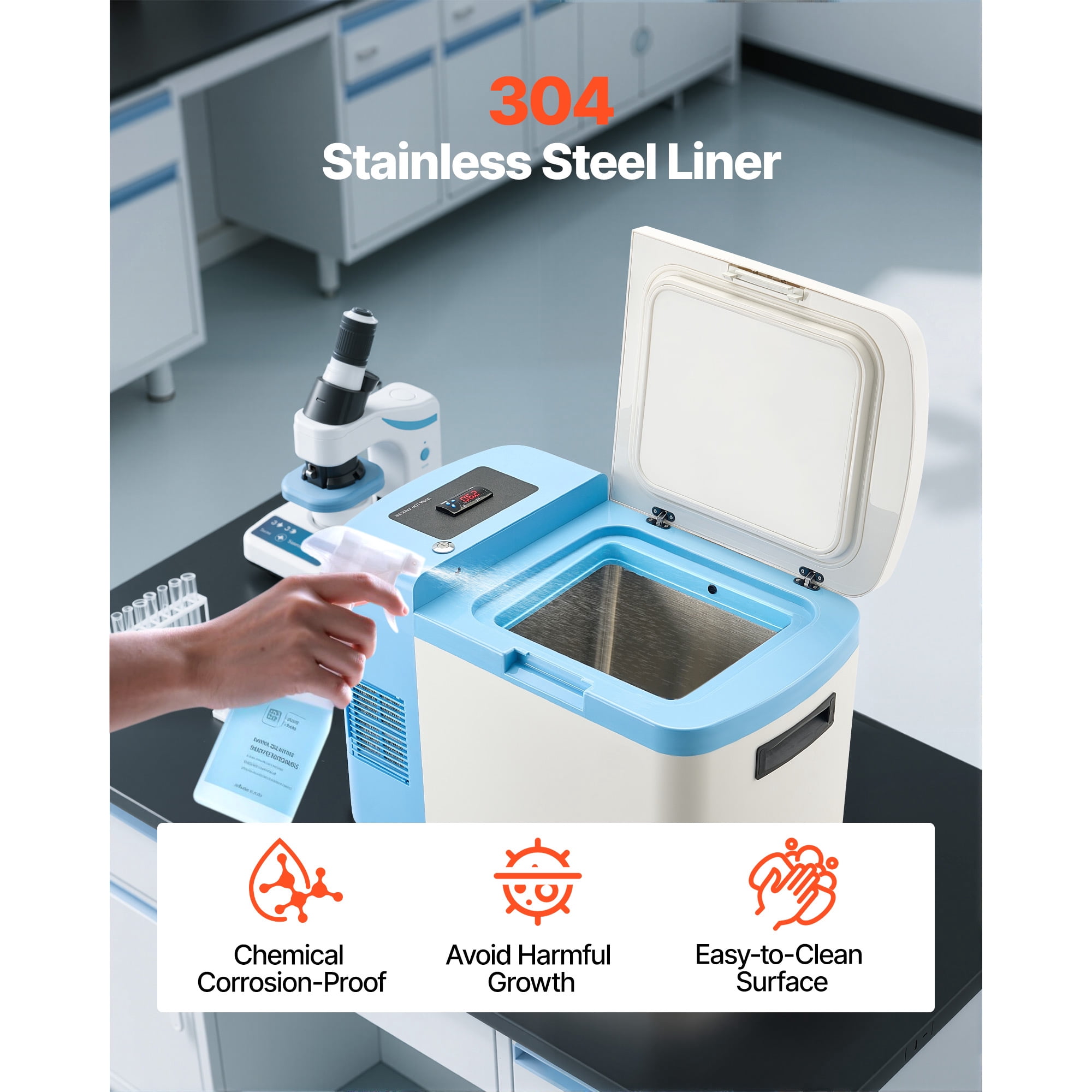 KFFKFF Portable Ultra Low Temperature Freezer, 25 L Capacity, Adjustable Temp Range from −40 ℉ to −123 ℉, Digital Display, 304 Stainless Steel Interior, Ideal for Laboratory Sample Preservation