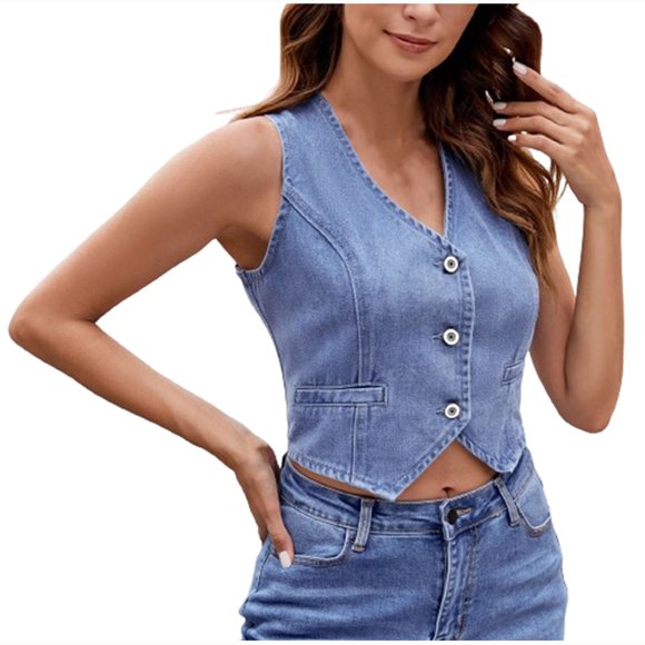 Timegard Summer Tops for Women Jean Vest V-Neck Button down Sleeveless Denim Waistcoat Jacket Crop Tops