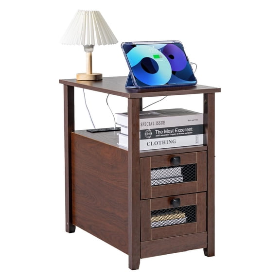Farmhouse End Table with USB Ports & Outlets, 4 Tier Nightstand