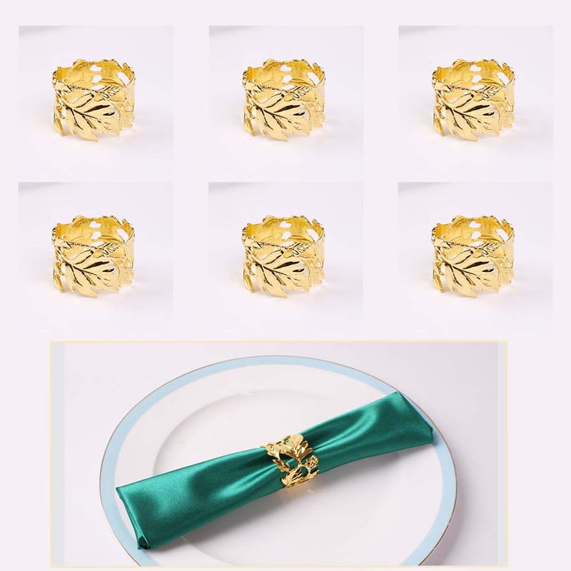 Set of six creative gold leaf shaped napkin rings