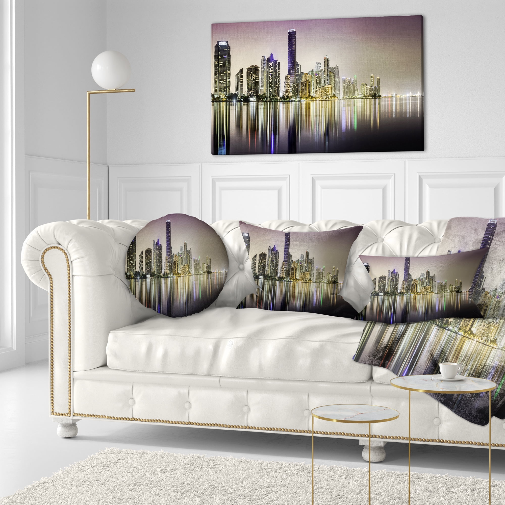Designart Miami Downtown Night Panorama - Throw Pillow - 12x20
