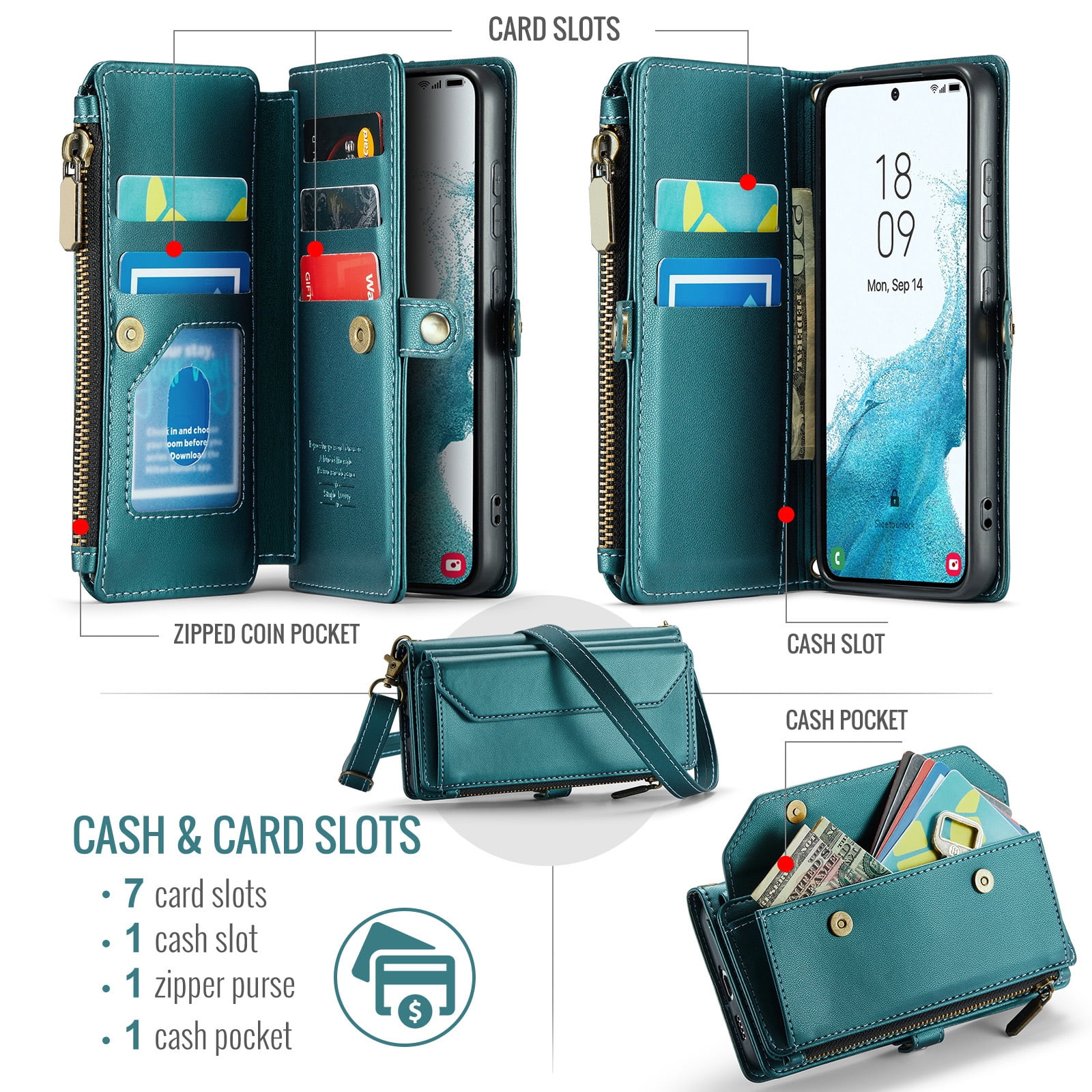 Asuwish Compatible with Samsung Galaxy S22 5G Zipper Wallet Phone Case Tempered Glass Screen Protector Crossbody Lanyard Strap Flip Card Holder Slot Cell Cover for S 22 22S 4G G5 6.1 Women Green