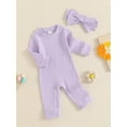 thumbnail image 3 of Suealasg Baby Girls Full Length Jumpsuit 3 6 9 12 18 Months Infant Long Sleeve Ribbed Rompers Headband Spring Fall Bodysuit Clothes for Newborn Girls, 3 of 7