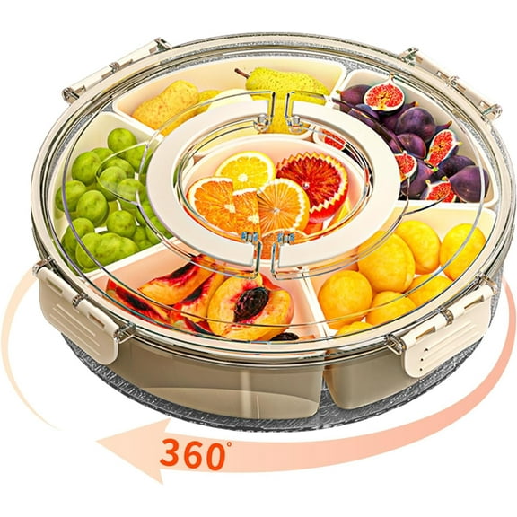 Divided Serving Tray with Lid and Handle, Stackable Snackle Box Container for Fruits Candy Organizer, Portable Spinning Rounded Veggie Tray for Kitchen, Party, Trave and Picnic-1 PACK
