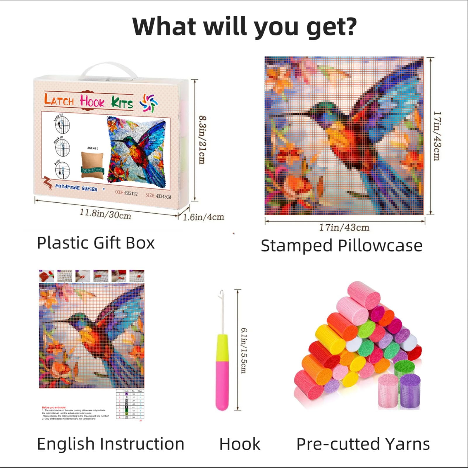 Colorful Stained Glass Hummingbird DIY Latch Hook Pillow Kits for Adults Printed Pillowcase Crochet Yarns Hooking Handmade Pillow Cover Cushion for Home Sofa Decoration 17x17inch