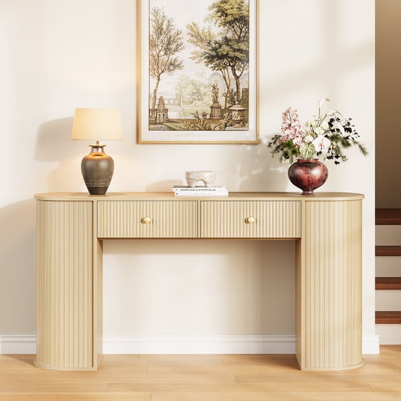 59" Fluted Console Table with Drawers, Wood Entryway Table with Storage, Long Sofa Table Behind Couch for Hallway, Mid Century Modern, Natural