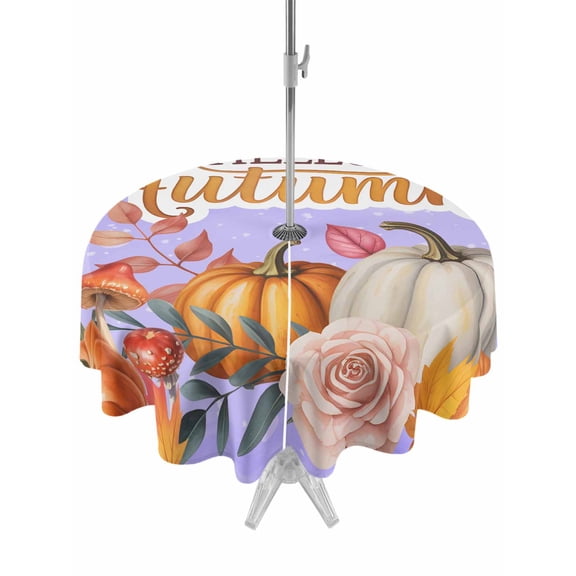 Outdoor Tablecloth with Umbrella Hole and Zipper, Fall Round Table Cloth 54 Inch Waterproof Tablecloth, Thanksgiving Orange White Pumpkin Mushroom Rose Picnic Table Cover for Patio Camping