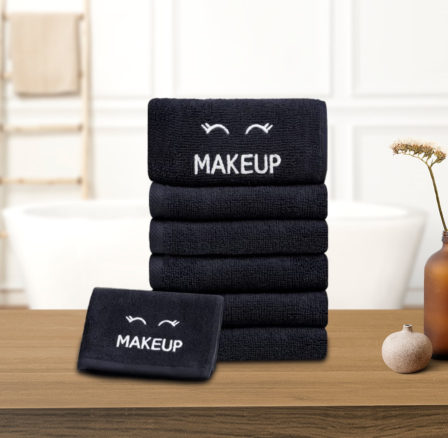White Classic Bleach Safe Black Makeup Towels - Luxury Ultra Soft Cotton Face Makeup Washcloth for Make up Removal, Home Bathroom Black Cloth Face Towels 12 pack, Black