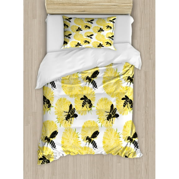 Bee Twin Size Duvet Cover Set, Bees and Dandelion Flowers in Nature Detail Theme on White Background Print, Decorative 2 Piece Bedding Set with 1 Pillow Sham, Yellow Black and White, by Ambesonne
