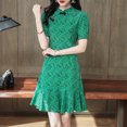thumbnail image 5 of 2023 Verano Mujeres Nuevo Diseño Estampado Verde 100% Seda Real Vestidos de Alta Calidad Cuello Mandarín Mini Vestidos Delgados, 5 of 5
