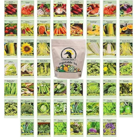 Black Duck Brand 50 Packs Assorted Heirloom Vegetable Seeds 50 Varieties Over 20,000 Heirloom Seeds, Includes Freedom Farms Vegetable Set Mylar Bag for Optimal Seed Storage! 100% Non-GMO