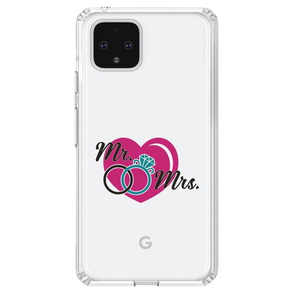 DistinctInk Clear Shockproof Hybrid Case for Google Pixel 4 XL (6.3" Screen) - TPU Bumper Acrylic Back Tempered Glass Screen Protector - Mr. & Mrs. Wedding Rings Heart