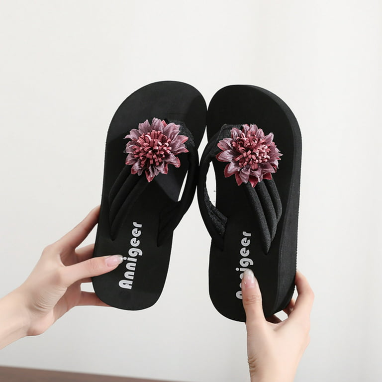 SEMIMAY Fashion Spring And Summer Women Slippers Platform Thick Bottom Wedge  Heel Lightweight Flip Flops Flowers Solid Color Beach Shoes 