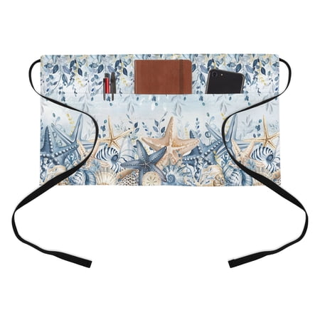 Marine Life Half Waist Apron Watercolor Blue Beige Starfish Shell Leaves Ombre Short Waiter Aprons with 3 Pockets for Women Men Kitchen Restaurant Cooking