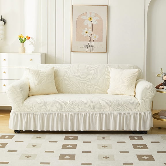 suxuMhao Skirt Style Sofa Cover for Couch, Stretch Sofa Covers Washable, Non Slip Scratch Resistant 4 Seater Couch Cover, Oversized Size Slipcovers Fit 92.52-118.11 Inches, Off White,1 Piece, Style 2