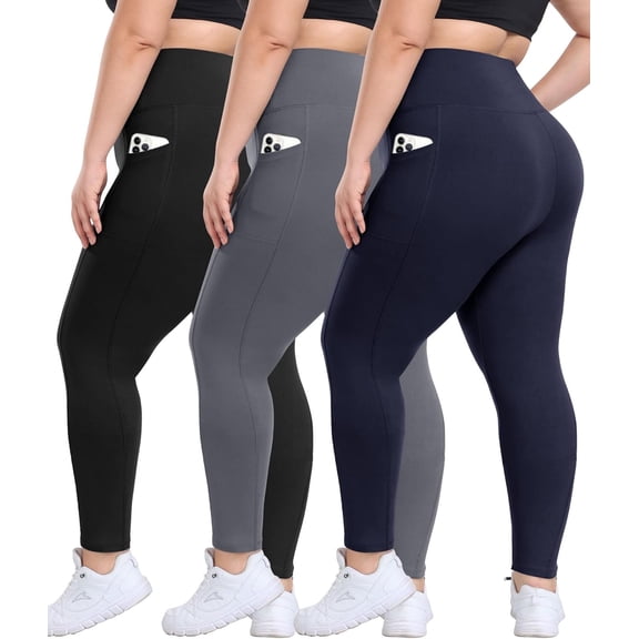 3 Pack Plus Size Leggings with Pockets for Women - High Waisted Tummy Cool Soft Black Workout Yoga Pants