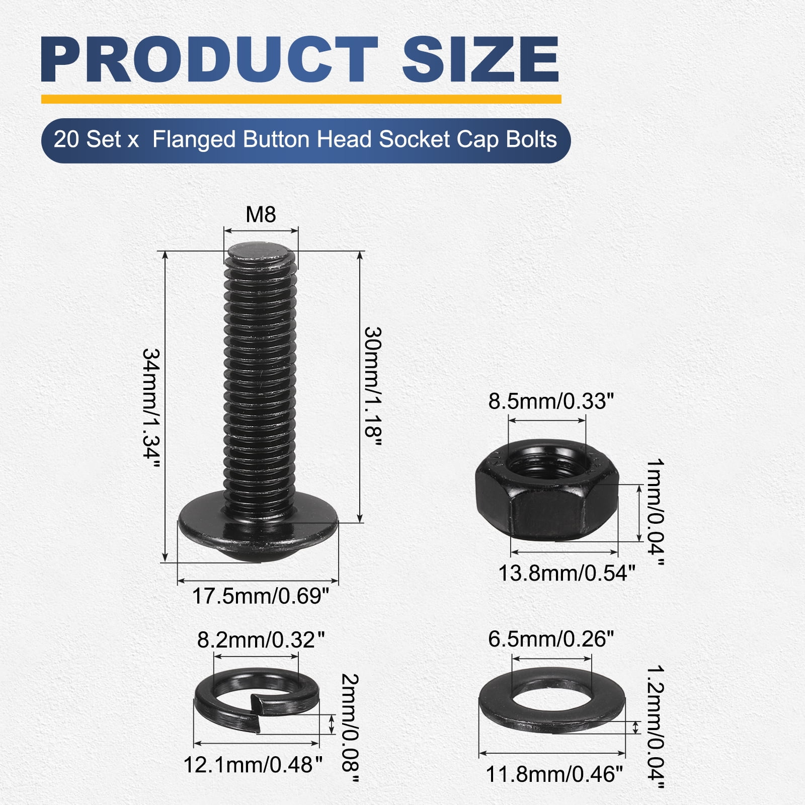 20 Set M8 x 30mm Flanged Button Head Socket Cap Screws, Black 304 Stainless Steel 18-8 Hex Socket Head Screws Bolts, Nuts, Flat & Lock Washers for DIY, Furniture, Automotive