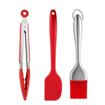 

shuwee 3PCS Stainless Steel Tool Set Baking Brush Kitchen Brush Grill Tongs Cooking Tongs Kitchen Locking Tong for Grill Salad BBQ Frying Baking Serving Red