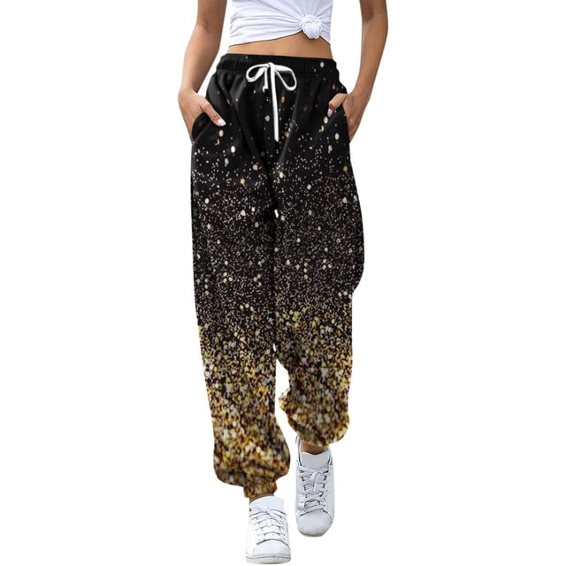 Gibobby pantalones afelpados para mujer Pantalones sueltos Retro Casual Cordón Impreso Pantalones deportivos (Dorado, XXL)