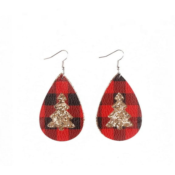 Red Plaid & Glittering Christmas Tree Teardrop Drop Earrings