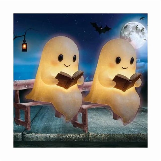 wonima02 Funmody Brimody Glowspirit, Cute Ghost Reading Book Lamp, Halloween Light up Ghosts Statue Night Light, Halloween Glow Spirit Night Lights, House Mantel Readers Decor(2pcs*6in)