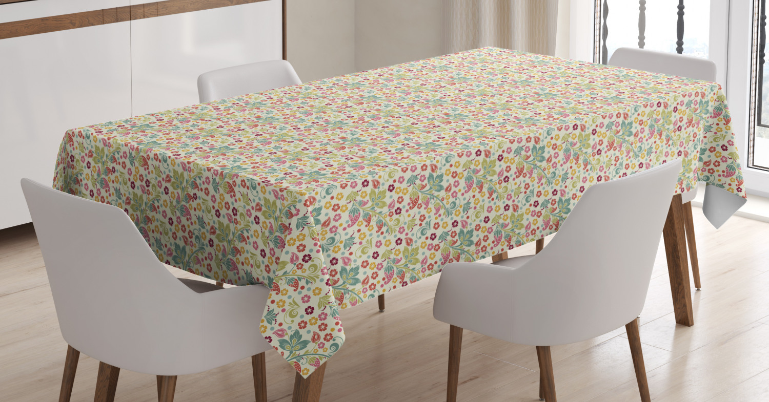 Floral Tablecloth, Colorful Summer Flowers with Retro Effect Lively