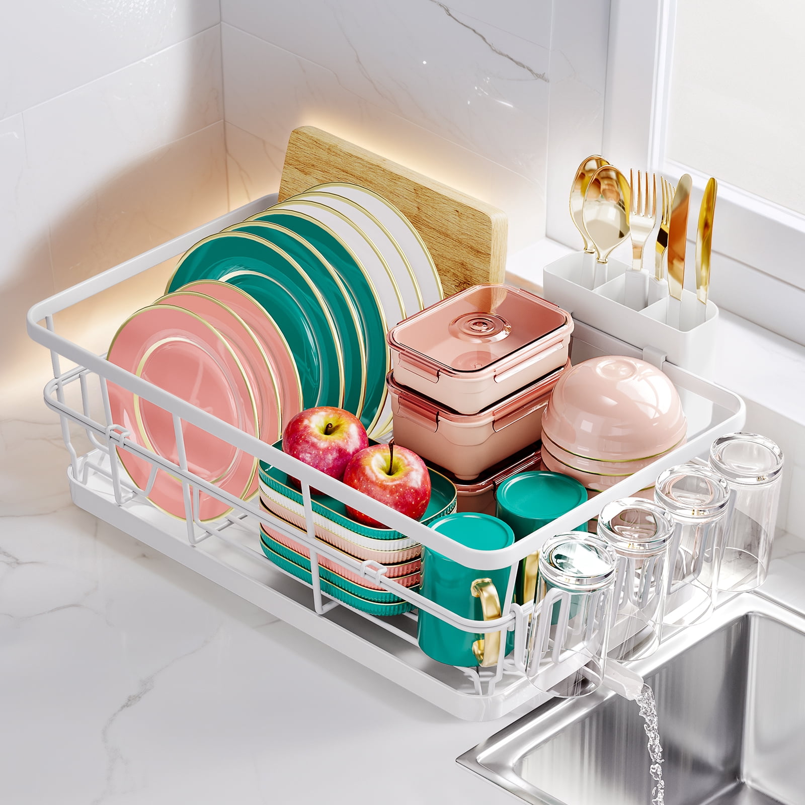 BEHERZT Large Dish Drying Racks with Drainboard,Countertop Dish Rack, Kitchen Sink Dish Rack,  Stainless Steel, White
