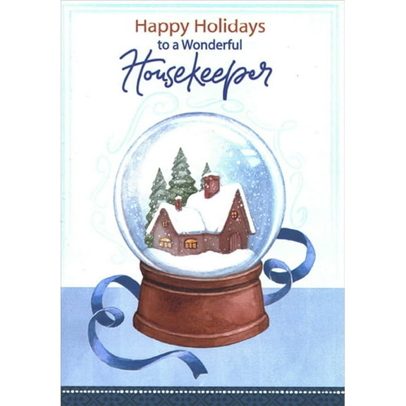Designer Greetings Snow Covered Home Inside Snow Globe : Blue Ribbon Housekeeper Christmas : Holiday Card