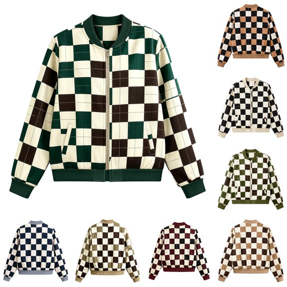 Zijinkuiwen Women Checkered Print Bomber Jacket Zip Up Long Sleeve Ribbed Trim Outerwear for Casual Daily Wear