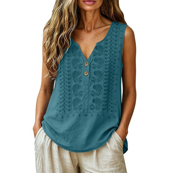 Lumtrix Womens Tank Tops Loose Fit Cotton Linen V Neck Henley Sleeveless Shirt Casual 2026 Summer Beach Top Blue M
