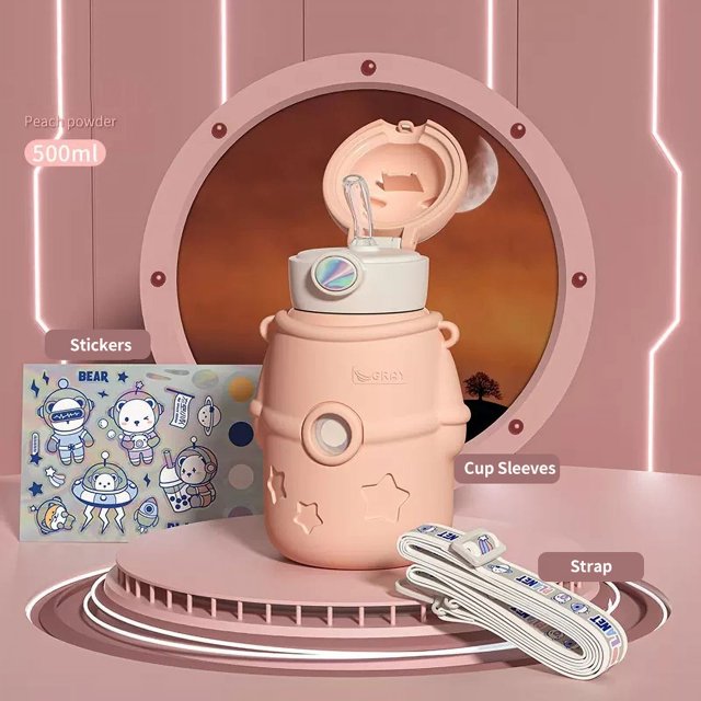 500ml Astronaut Thermal Mug Stainless Steel Insulation Cup Leak Proof Big Belly Bottle With Shoulder Strap Anti-Splash Straw Mug
