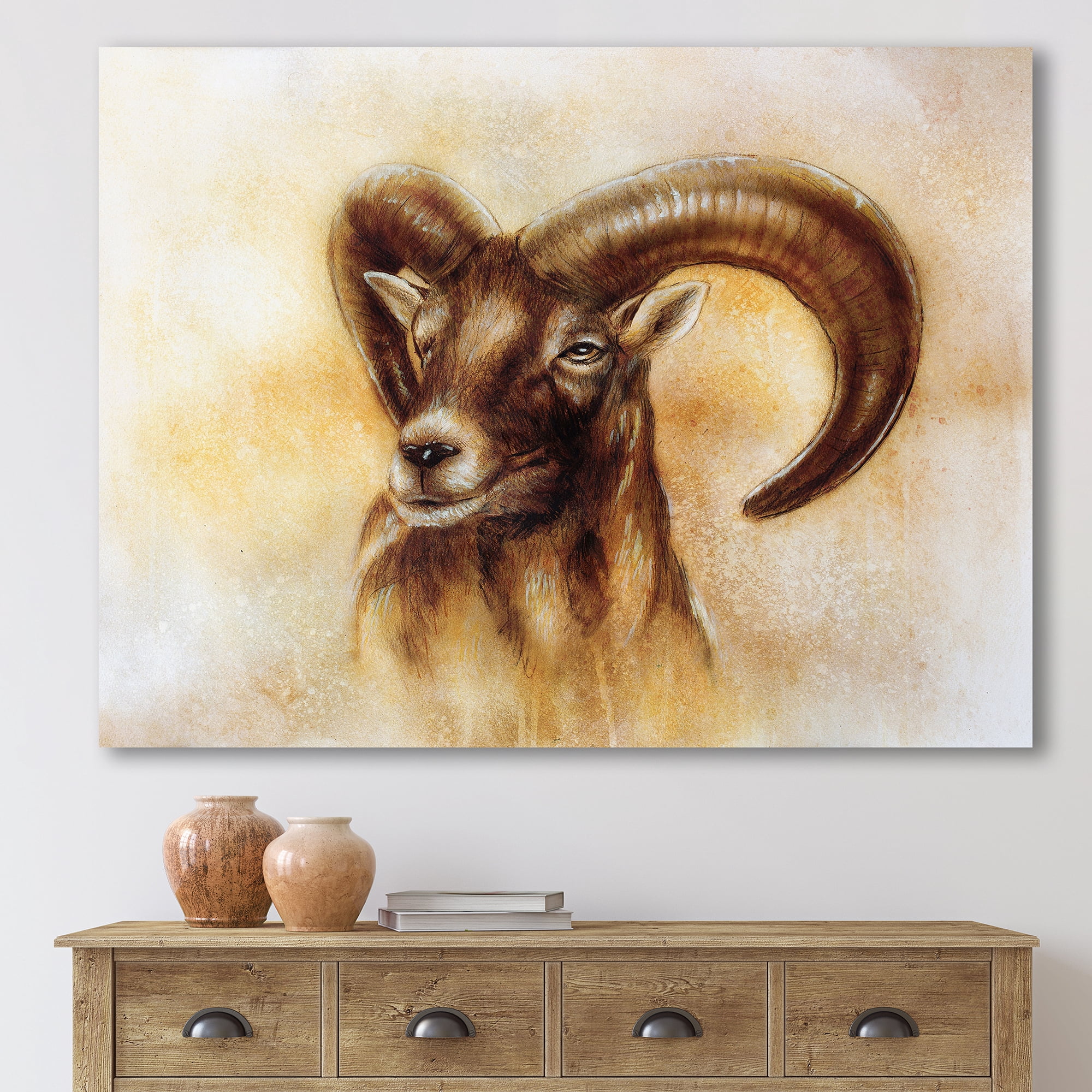 Designart ' Abstract Portrait of Wild Ram With Mighty Horns I ' Modern Canvas Wall Art Print