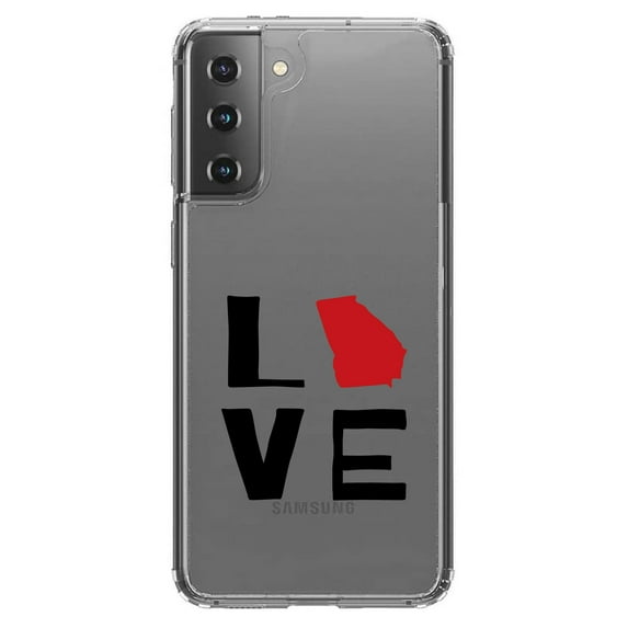 DistinctInk Clear Shockproof Hybrid Case for Galaxy S21 5G (6.2" Screen) - TPU Bumper Acrylic Back Tempered Glass Screen Protector - Georgia - Love Black & Red