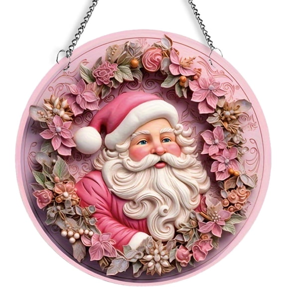 AatoeaX Unique Pink Santa Window Decor: Intricate Floral Wreath, Transparent Acrylic, Easy - Install Hanging Art Panel for Home, Hotel & Christmas Decor