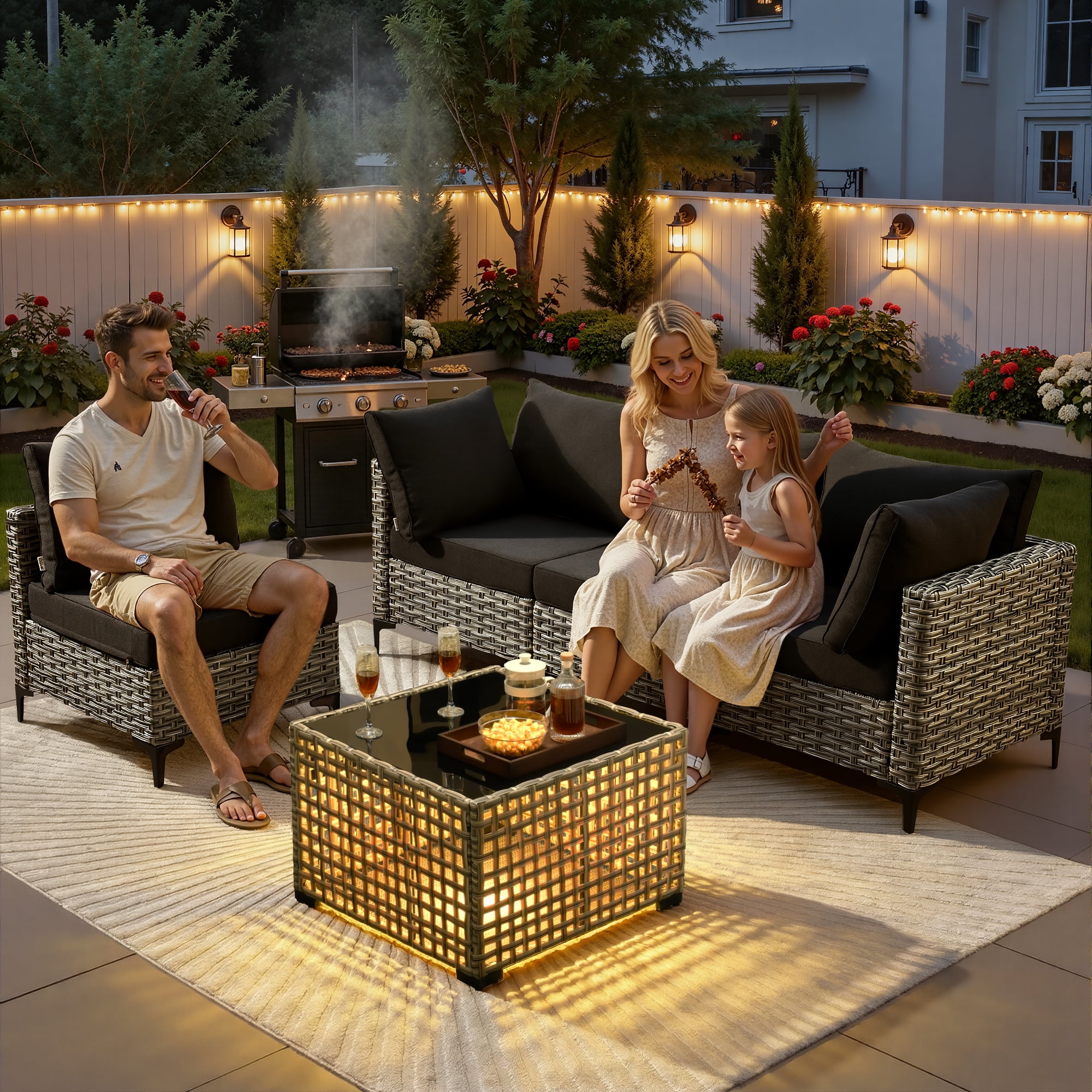 Ovios 8 Pieces Patio Furniture Outdoor Conversation Set Rattan Wicker Outside Sectional Sofa with Swivel Chairs & Solar Light Table, Black