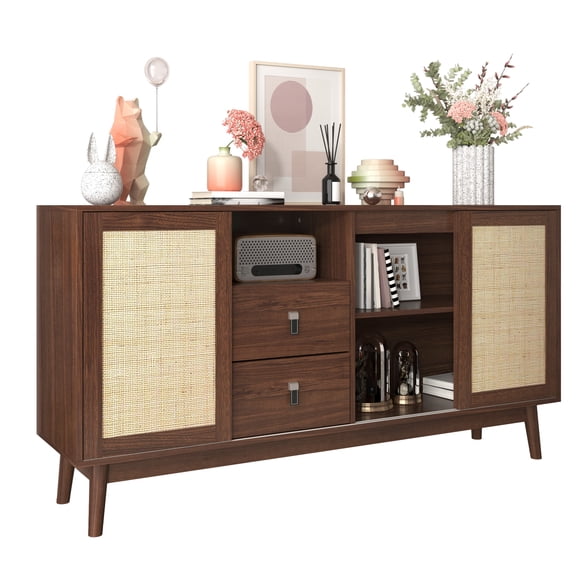Sideboard with 3 Sliding Doors Made of Real Rattan and 2 Drawers, 61 x 15 x 31.5 inches, Breathable, Sturdy and Versatile