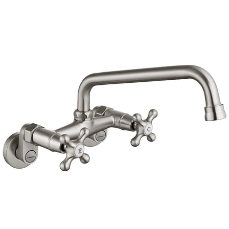 Wall Mount Kitchen Faucet Brushed Nickel Double Cross Handle Mixer Tap w/9 in Spout