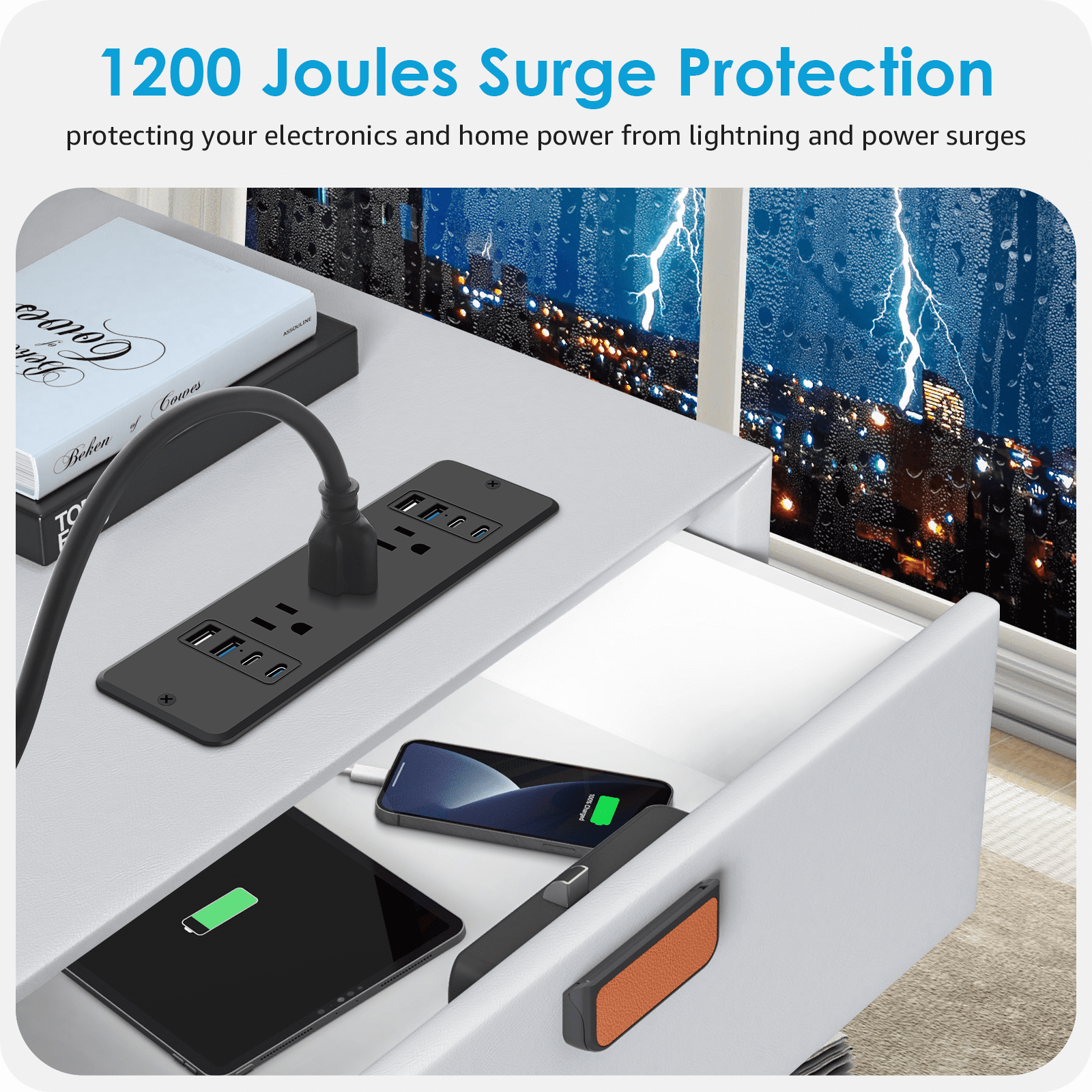 VILONG Recessed Power Strip with Usb-C (20W Fast Charging), 6 AC Outlets + 8 USB Ports, 45° Flat Plug, 6-Foot Cord – Ideal for Home Office, Desk Organization(Black)