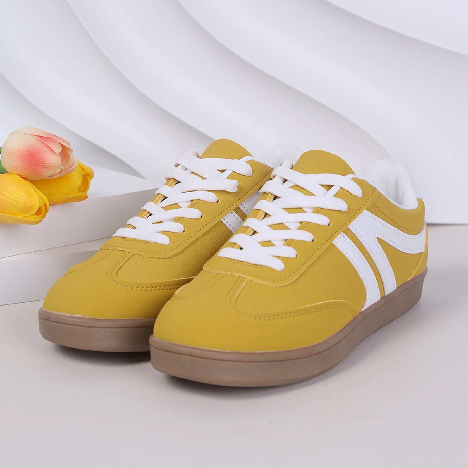 Tennis Shoes Womens Lace up Retro Classic Trainers Skate Shoes Fashion Suede Color Block Sneakers Nonslip Flat Walking Shoes Yellow Size 6
