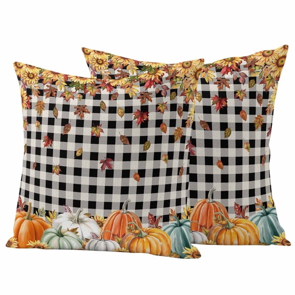 Outdoor Pillow Covers 18 x 18 Inches, Orange Pumpkins Fall Waterproof Throw Pillow Cover Set of 2, Thanksgiving Botanical Black Plaid Decorative Square Cushion Covers for Patio/Tent/Couch/Garden