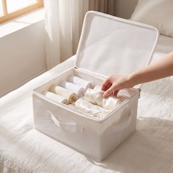 COMPUKAS White Clothes Storage Box with Lock and Double Zipper for Organized Storage