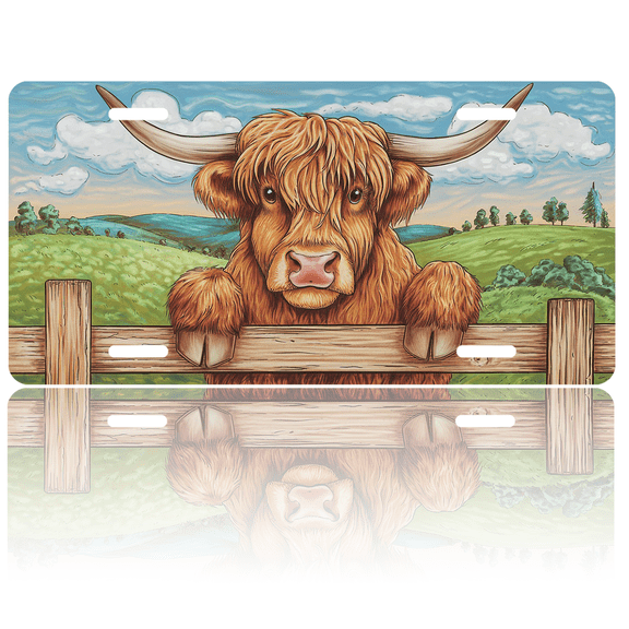 1 Pcs 2D Flat License Plate Covers & Frames, Highland Cow For Decorative Front, Waterproof For Decoration Aluminum License Plate Covers & Frames Cover For Men Women, 12" X 6"