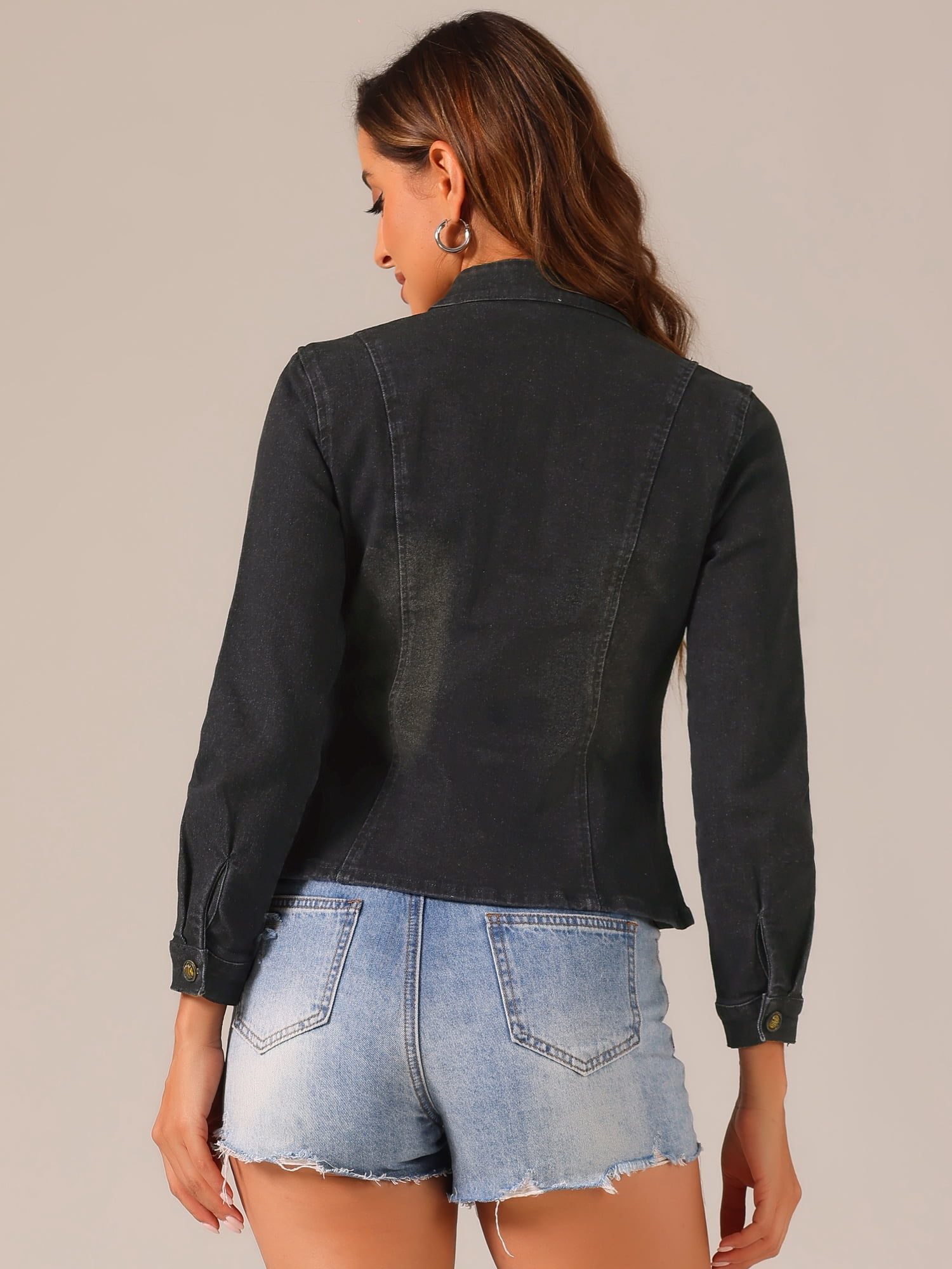 DARING DIVA Women's Classic Stand Collar Denim Jacket M Black