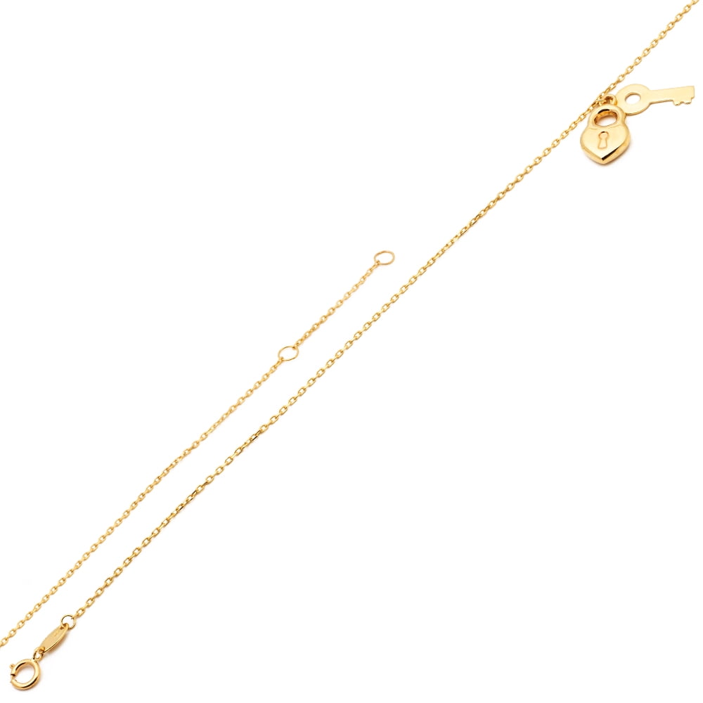 LOVEBLING 10K Yellow Gold .50mm Diamond Cut Rolo Chain with a Lock and Key pendants Anklet Adjustable 9" to 10" (#10)