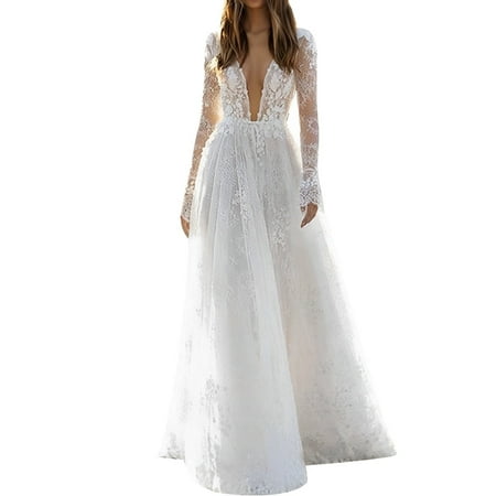 eileial Wedding Dress for Bride Boho Beach Wedding Gown for Women Tulle Lace Bridal Dress with Long Sleeves(White XXL)