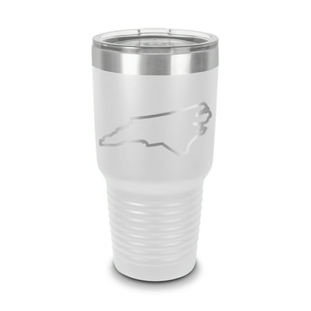 

North Carolina Outline Tumbler 30 oz - Laser Engraved w/ Clear Lid - Stainless Steel - Vacuum Insulated - Double Walled - Travel Mug - nc - White