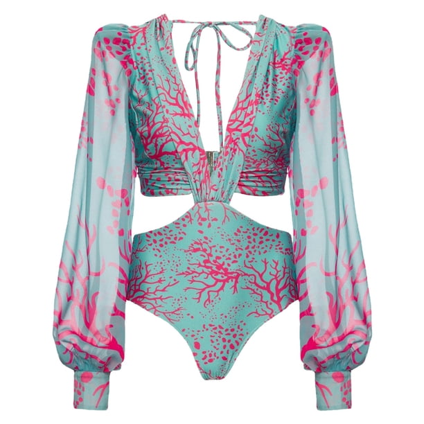 Gibobby Trajes de Baño Mujer Completos Bikini de manga larga con estampado de mujer Traje de baño sexy Traje de baño grande para mujer(Azul,XL)
