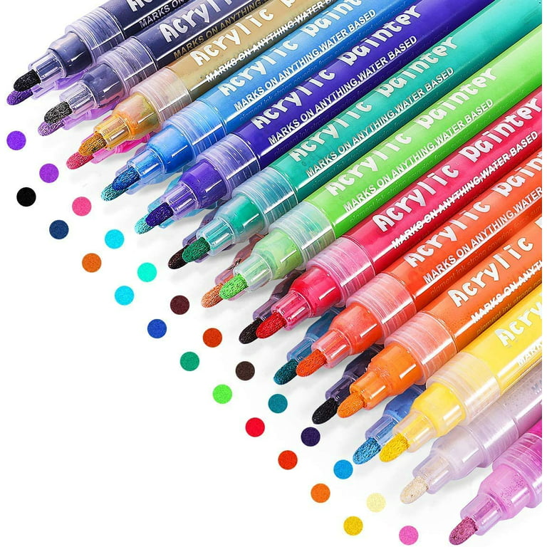 TOOLI-ART 24 Neon Fluorescent Acrylic Paint Pens Marker Set 0.7mm Extra Fine and 3.0mm Medium Tip Combo for Rocks, Glass, Mugs, Most surfaces. Non