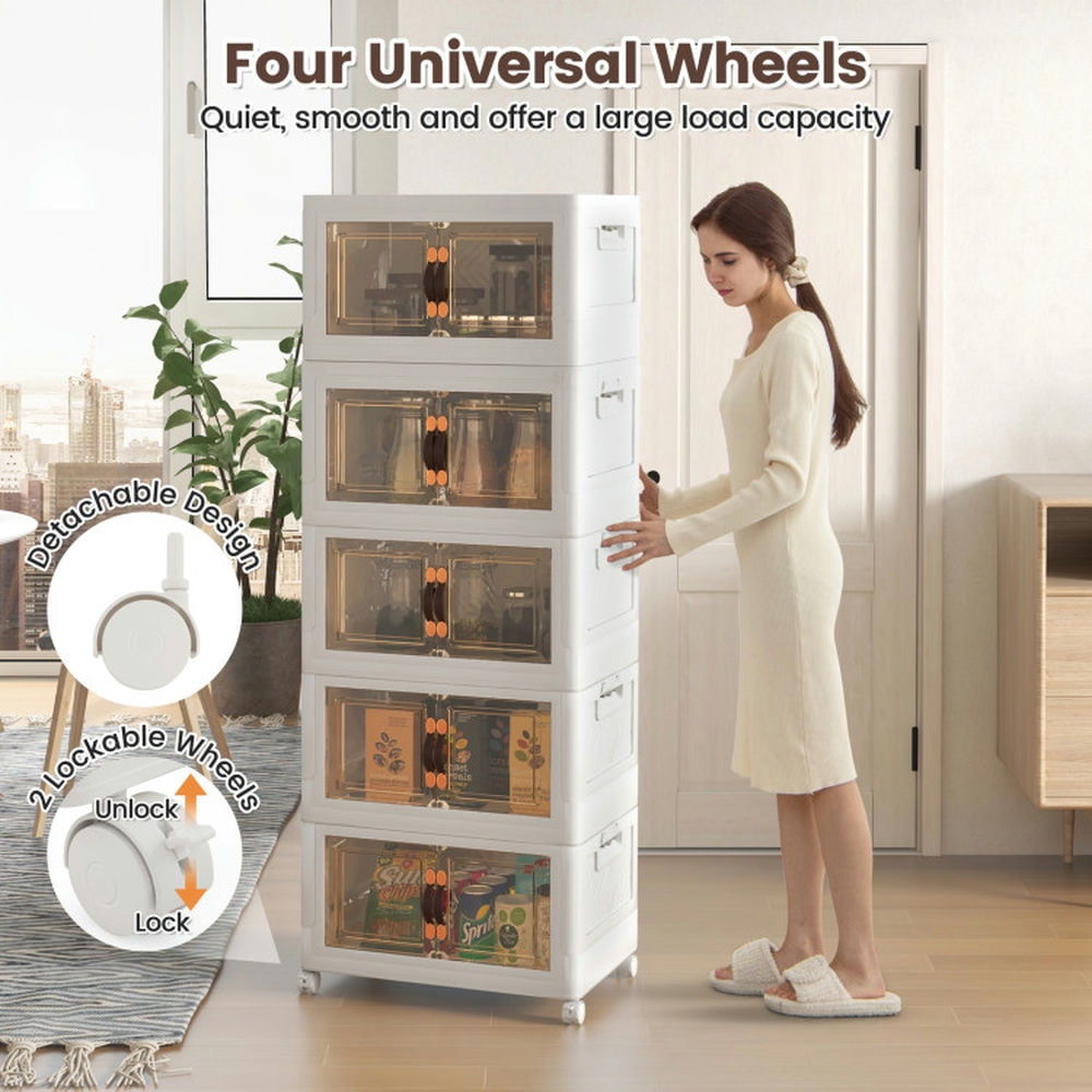 Finihen Storage Bins, 5 Pack Stackable Storage Bins, Stackable Storage Bins with Lockable Wheels-5 Pack, for Living Room, Bedroom, Entryway, White