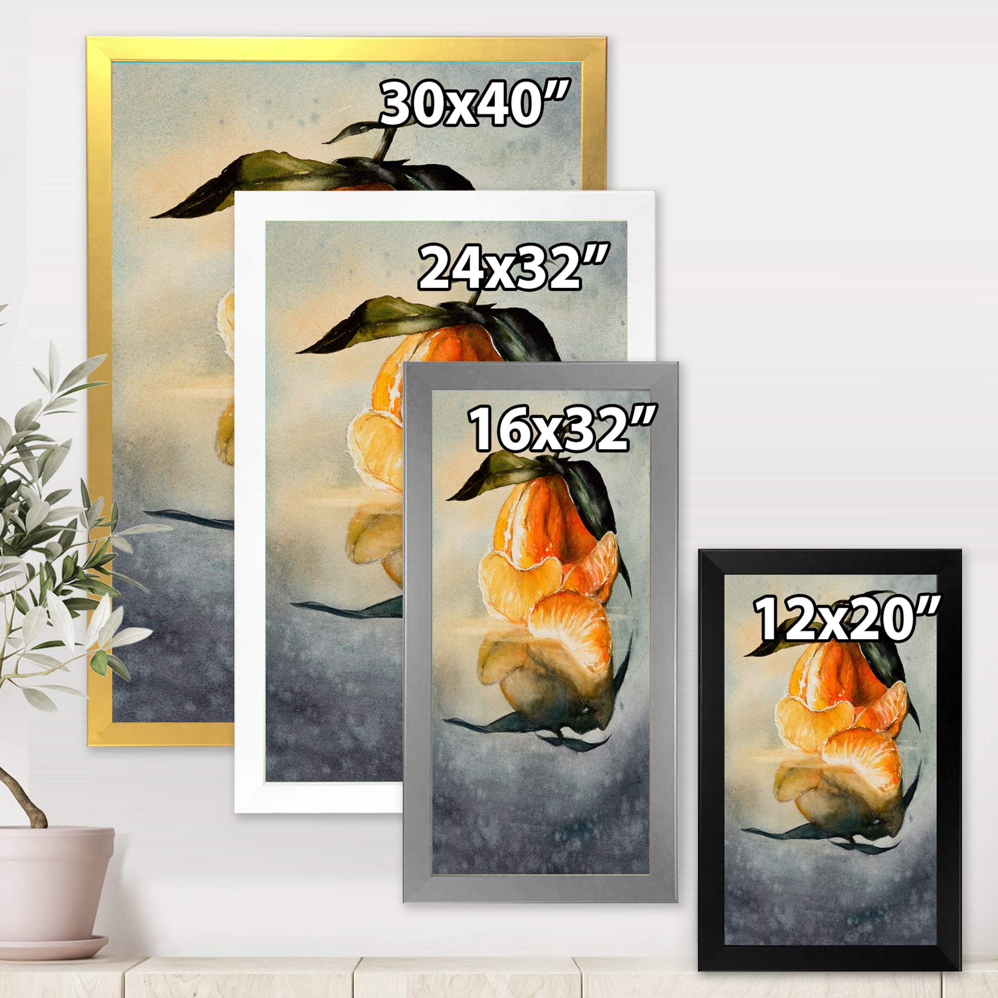 Designart 'One Peeled Fresh Orange Mandarin Under Green Leaves' Traditional Framed Art Print